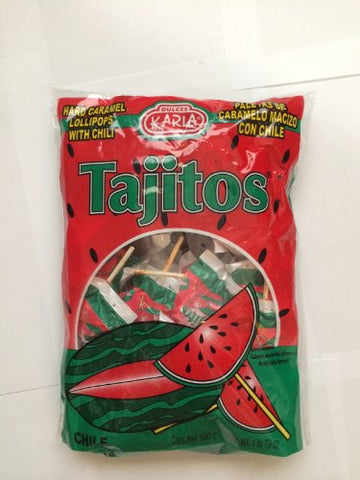 Dulce Karla Tajitos Watermelon Flavor, Hard Caramel Lollipops with Chili, Paletas De Caramelo Macizo Con Chile Sabor De Sandia, 1.5 Lb Bag, 680g