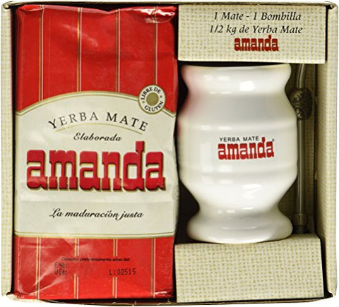 Amanda Ceramic Mate Kit (1.1 lb/0.5 kilo of Amanda Yerba Mate Tea, Ceramic Cup, and Stainless Yerba Mate Bombilla (straw))