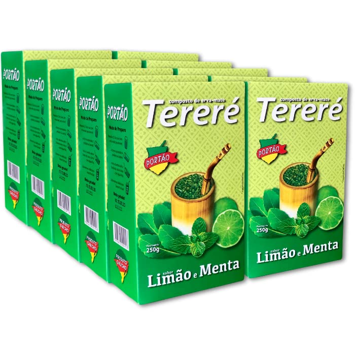 Yerba Mate Tereré Portão Fresh and Green Brazilian Tea Erva Mate Lemon and Mint Tereré (Pack of 10) 250g / 8.82oz / 0.55lb.