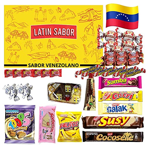 LATIN SABOR Venezuelan Food Sweet Snacks Gift Crate Box Assorted Cookies, Chips & Candies Mix Variety Pack Cocosette Susy Toronto Chocolate (30 Count)